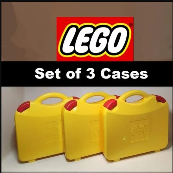 NEW 3X LEGO Yellow Plastic Carrying Carry Case Storage Box Bundle w Handle Divid - Picture 1 of 6